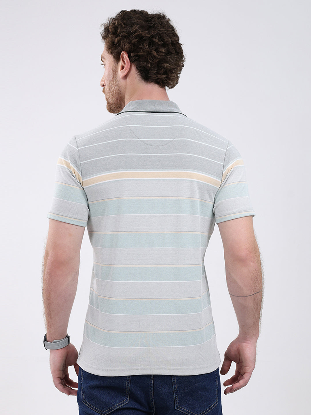 Men Green Stripe Collar Half Sleeve T-Shirt