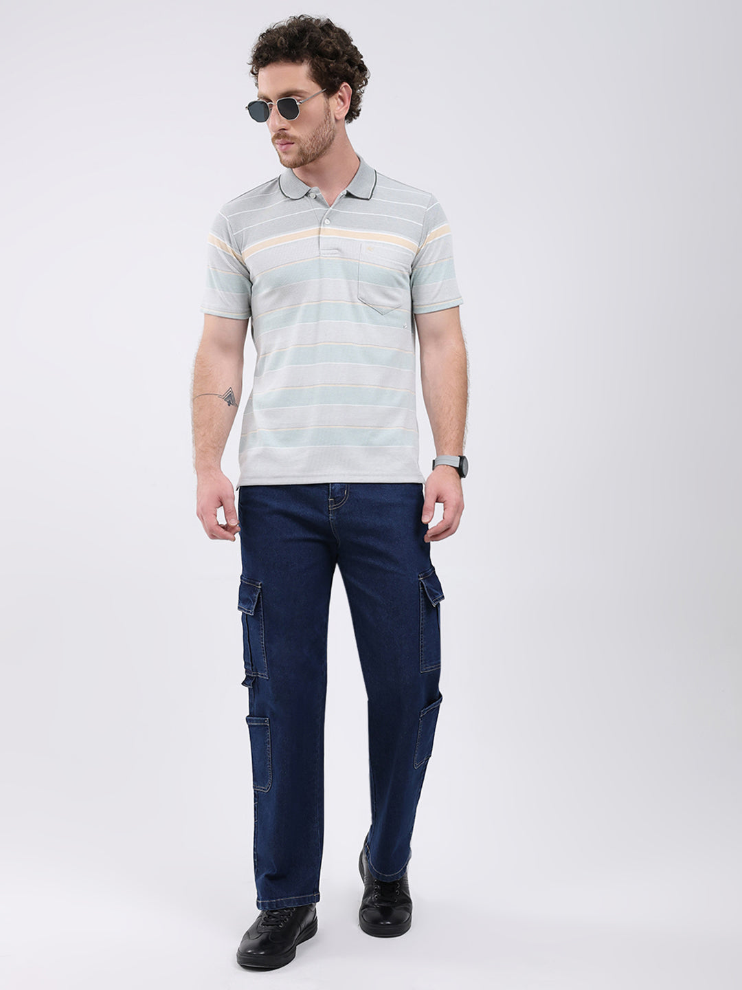 Men Green Stripe Collar Half Sleeve T-Shirt