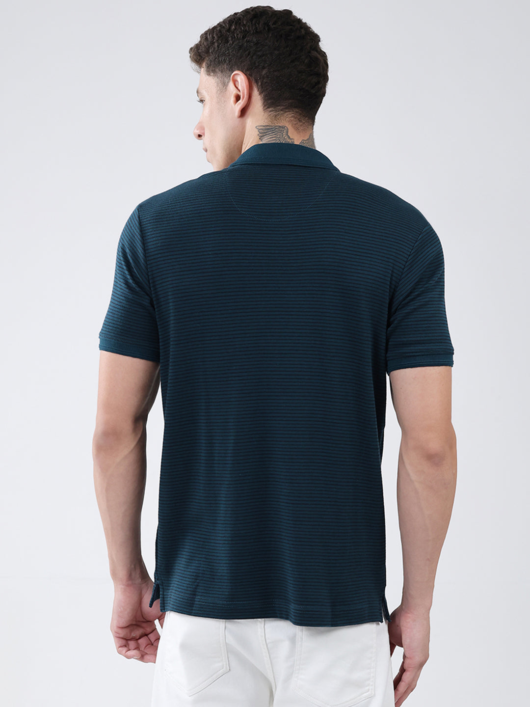 Men Teal Blue Stripe Collar Half Sleeve T-Shirt