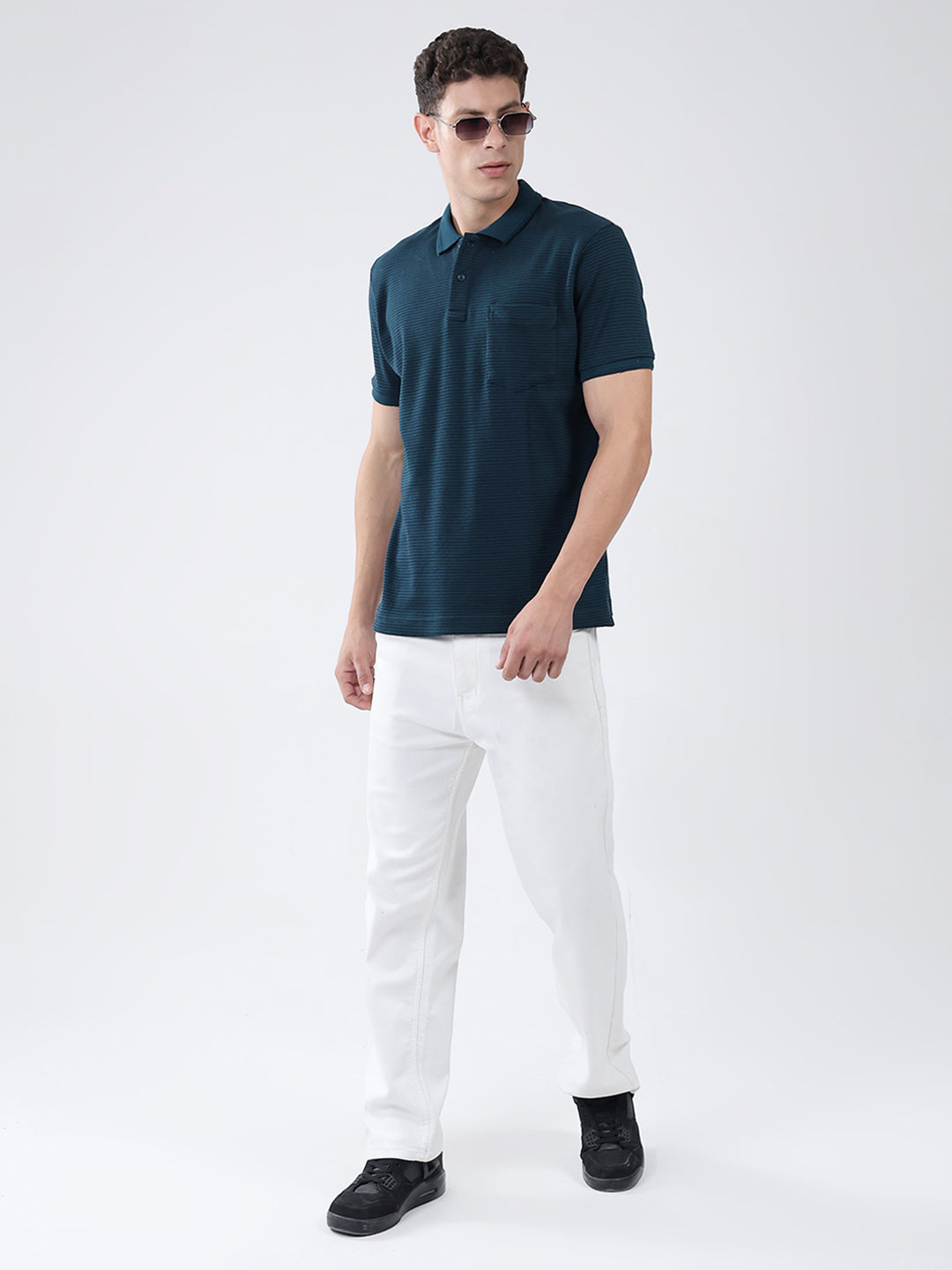 Men Teal Blue Stripe Collar Half Sleeve T-Shirt