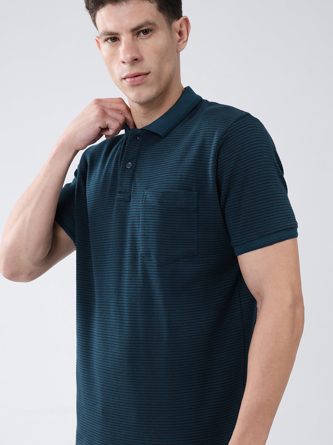 Men Teal Blue Stripe Collar Half Sleeve T-Shirt