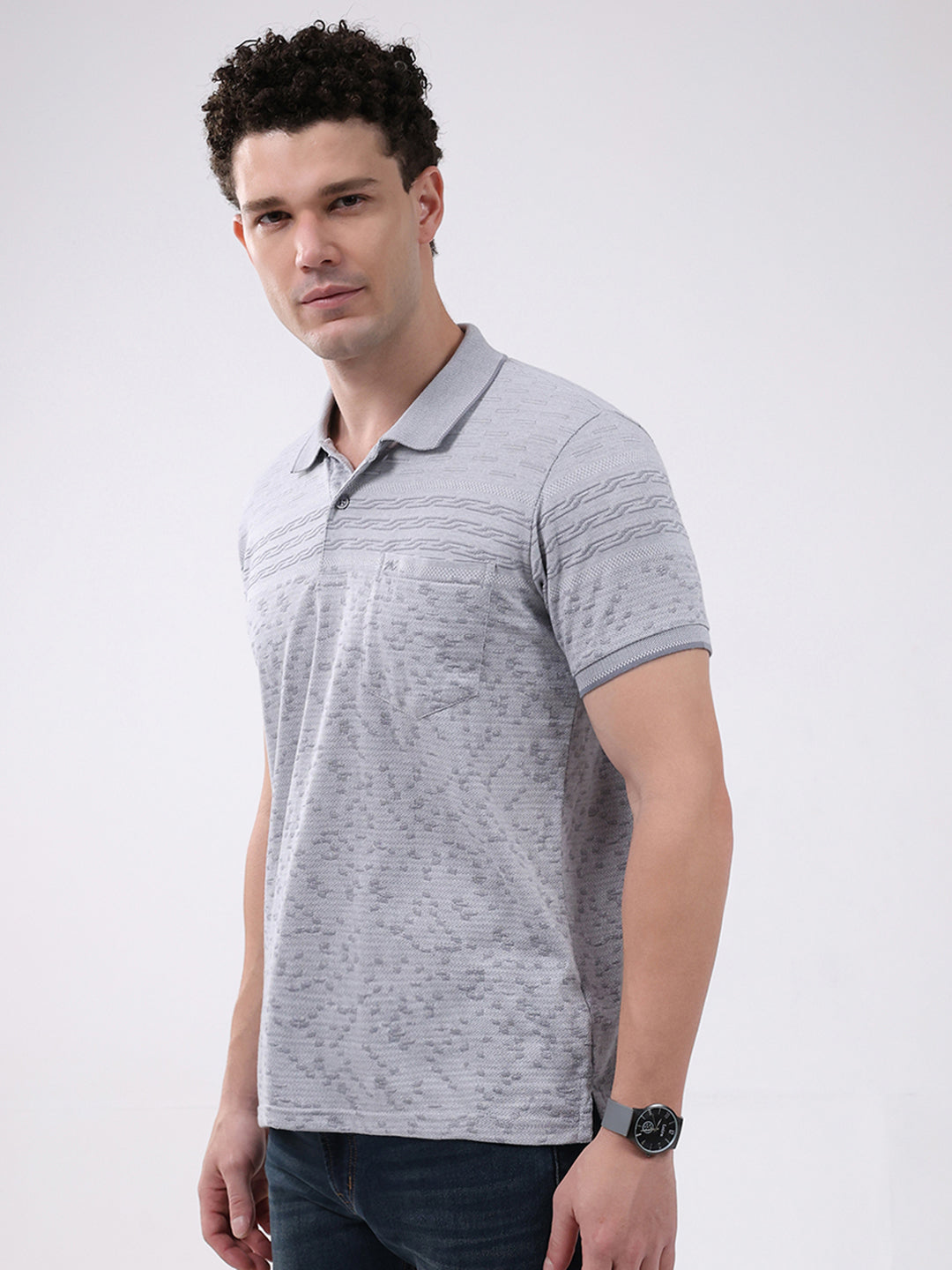 Men Grey Stripe Collar Half Sleeve T-Shirt
