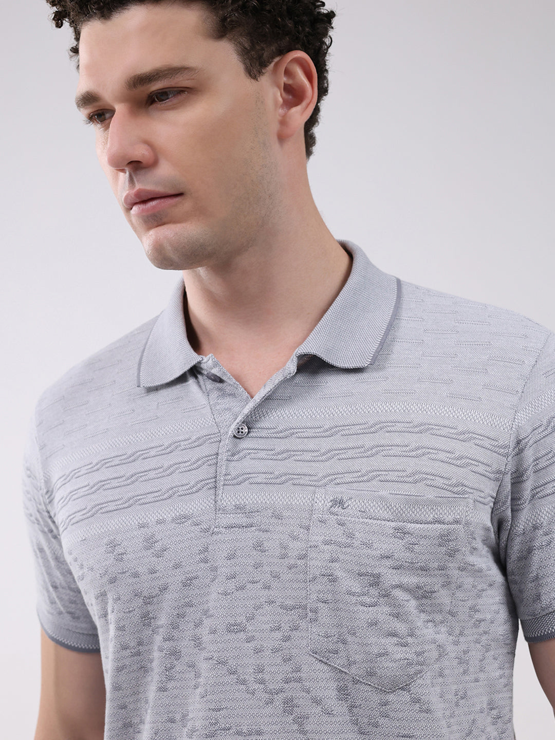 Men Grey Stripe Collar Half Sleeve T-Shirt