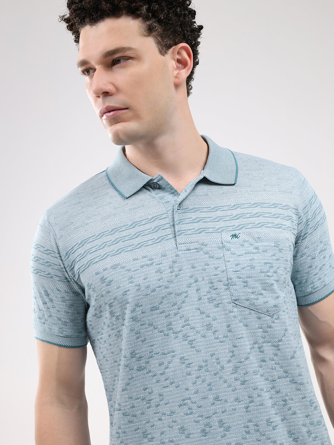 Men Turquoise Blue Stripe Collar Half Sleeve T-Shirt