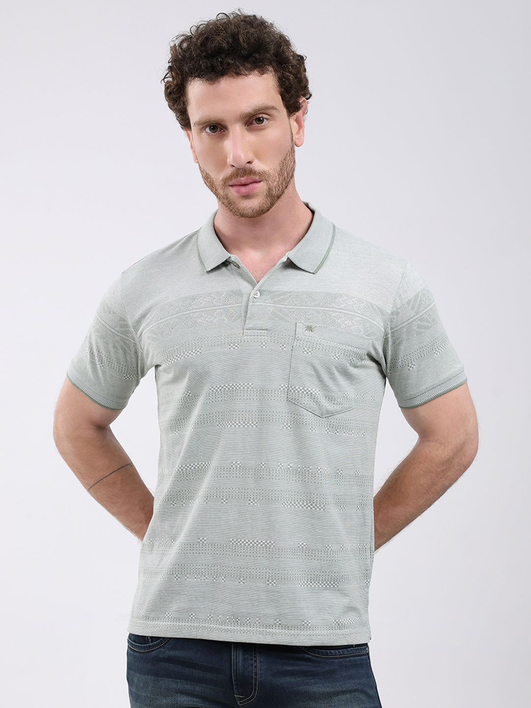 Men Green Stripe Collar Half Sleeve T-Shirt