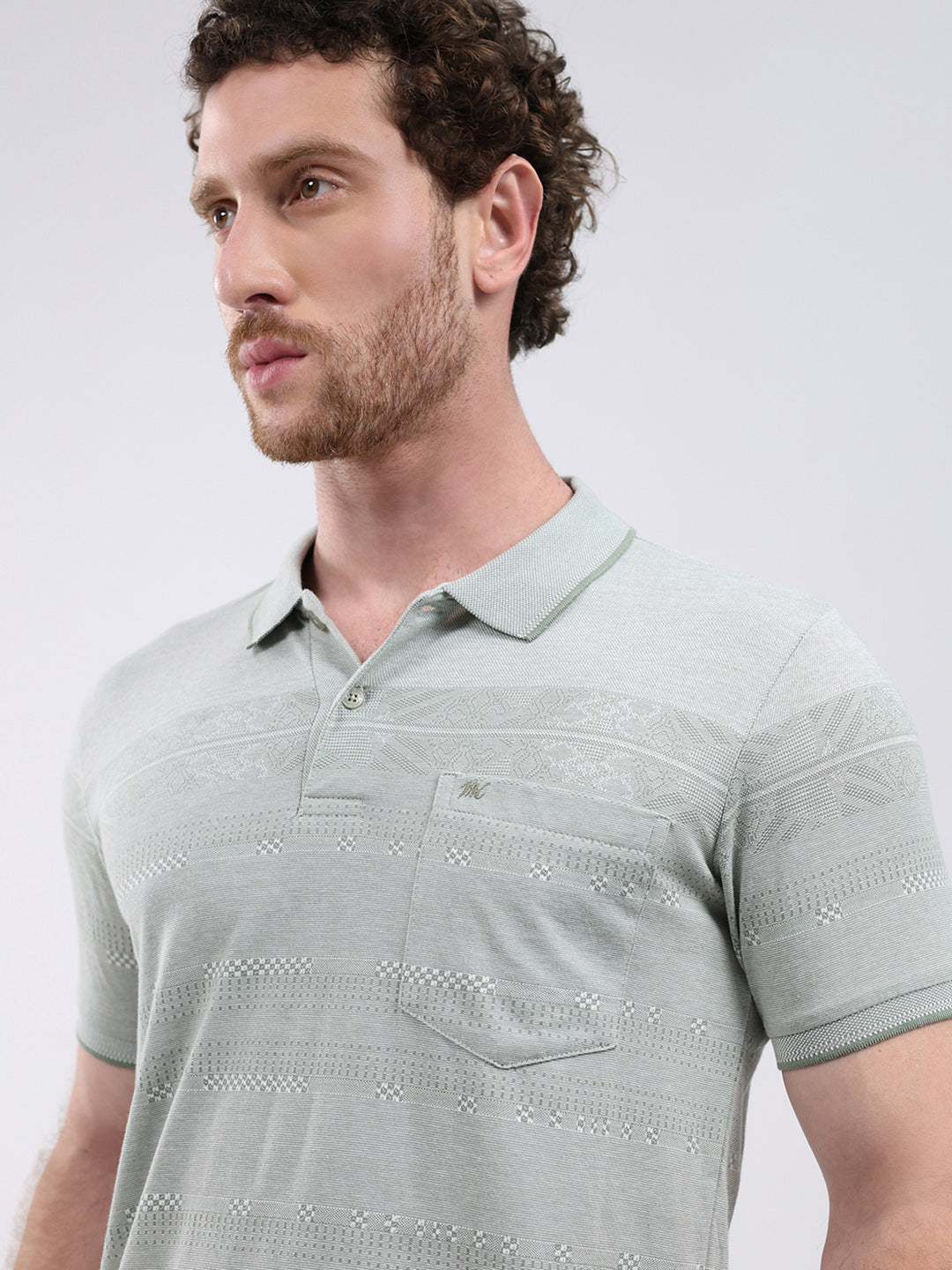 Men Green Stripe Collar Half Sleeve T-Shirt