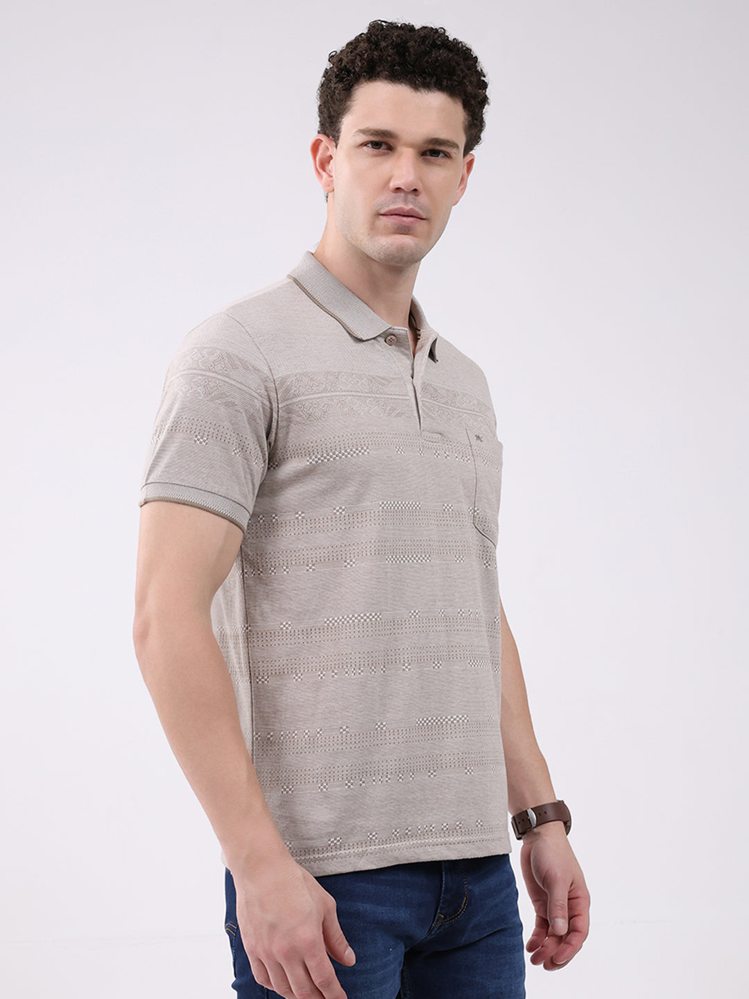 Men Beige Stripe Collar Half Sleeve T-Shirt