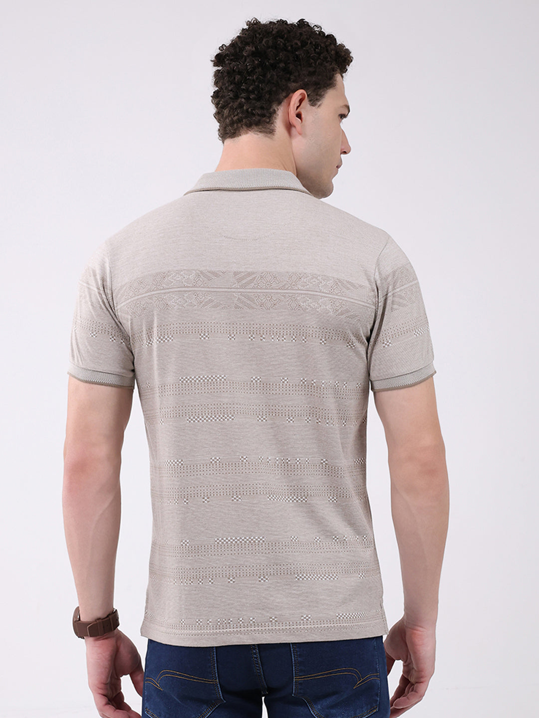 Men Beige Stripe Collar Half Sleeve T-Shirt