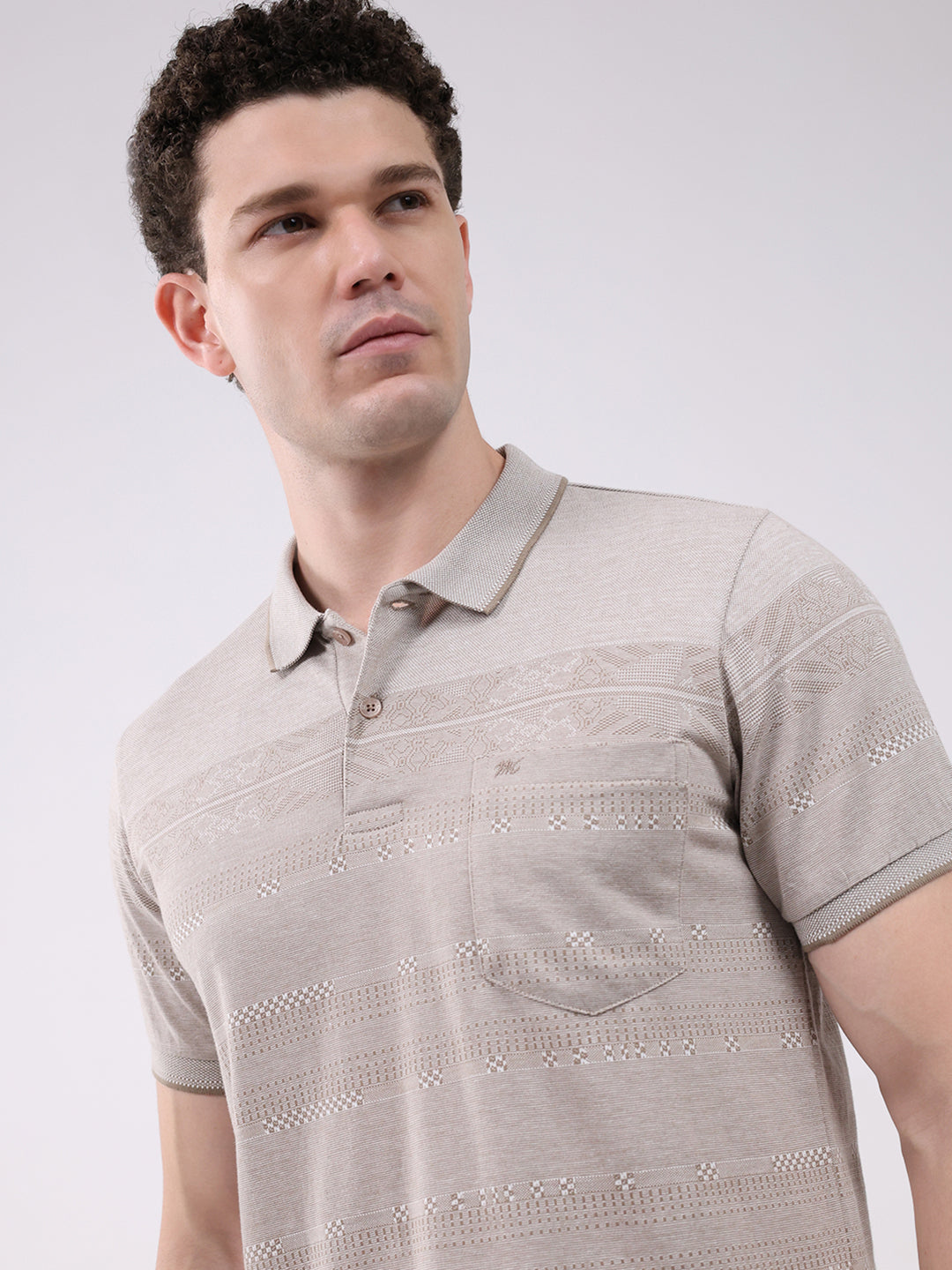 Men Beige Stripe Collar Half Sleeve T-Shirt