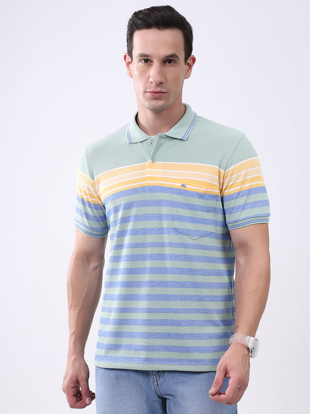 Men Green Stripe Collar Half Sleeve T-Shirt