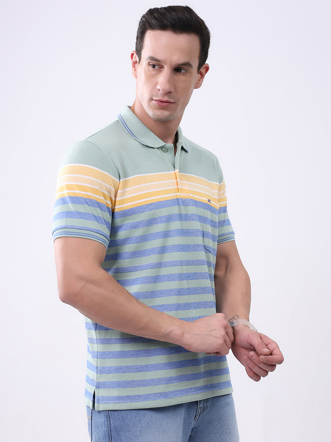 Men Green Stripe Collar Half Sleeve T-Shirt