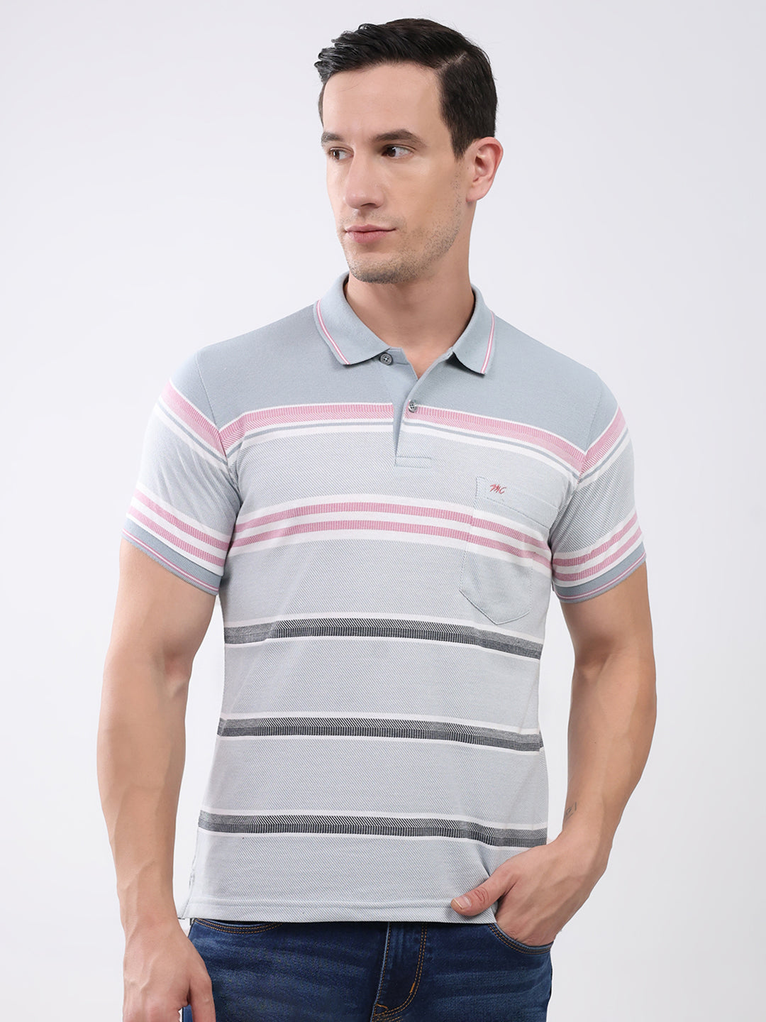 Men Grey Stripe Collar Half Sleeve T-Shirt
