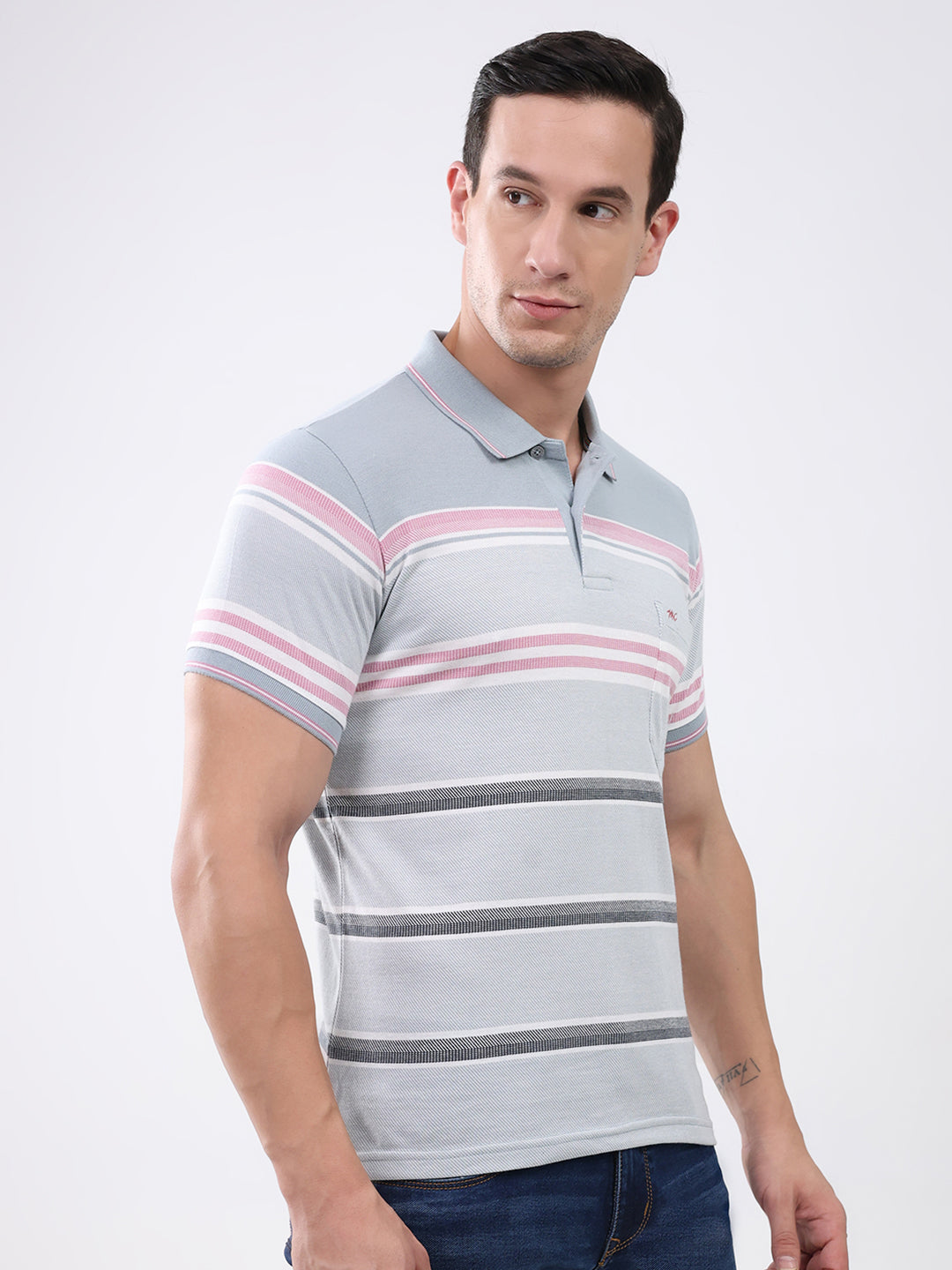 Men Grey Stripe Collar Half Sleeve T-Shirt