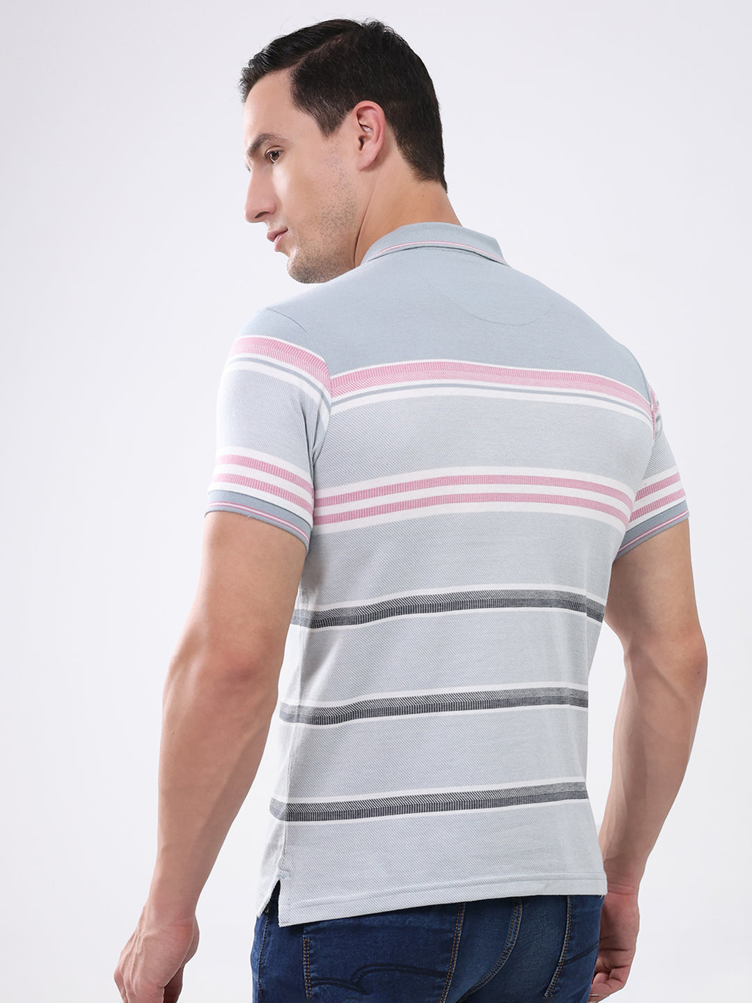 Men Grey Stripe Collar Half Sleeve T-Shirt
