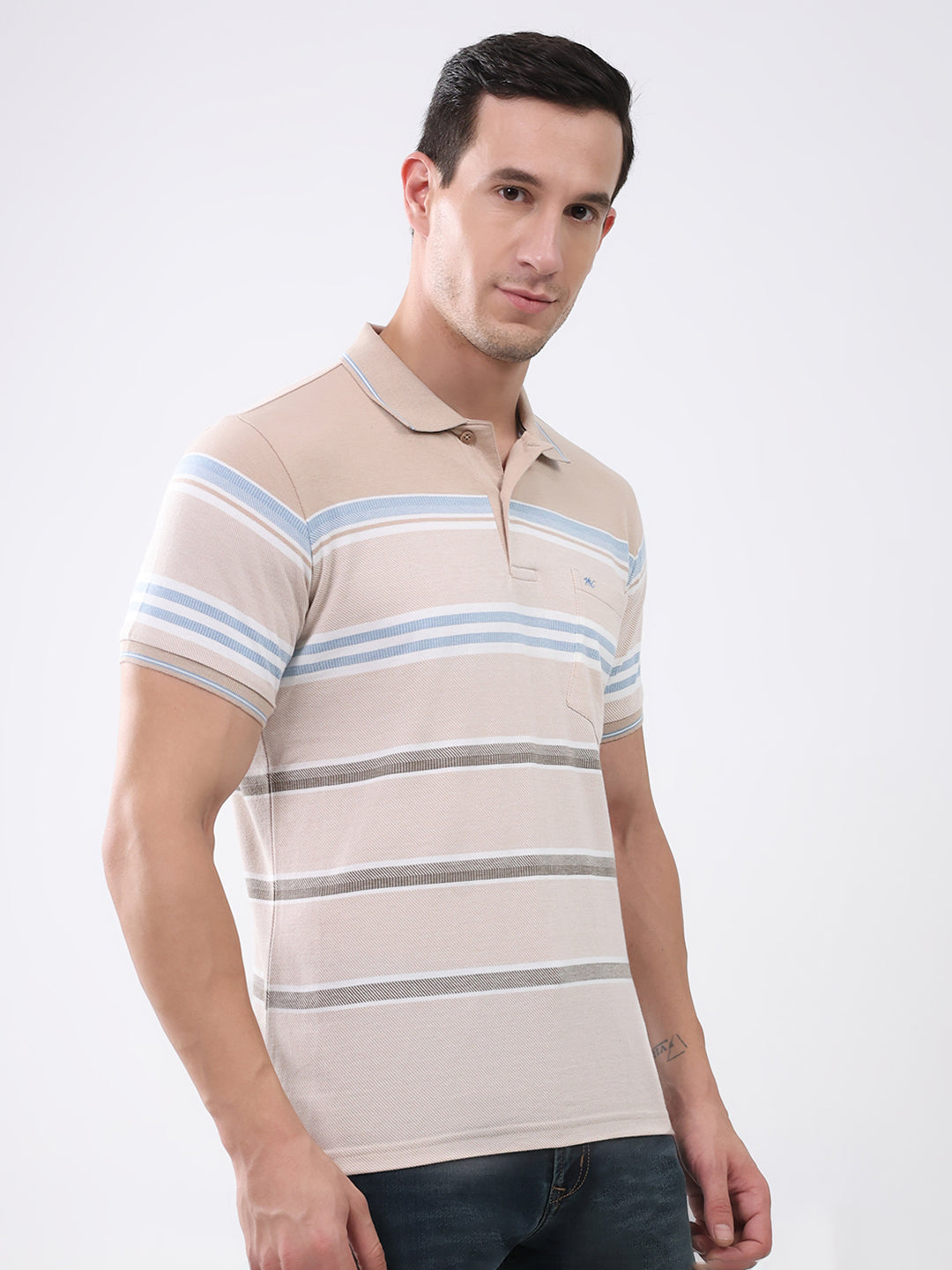 Men Beige Stripe Collar Half Sleeve T-Shirt