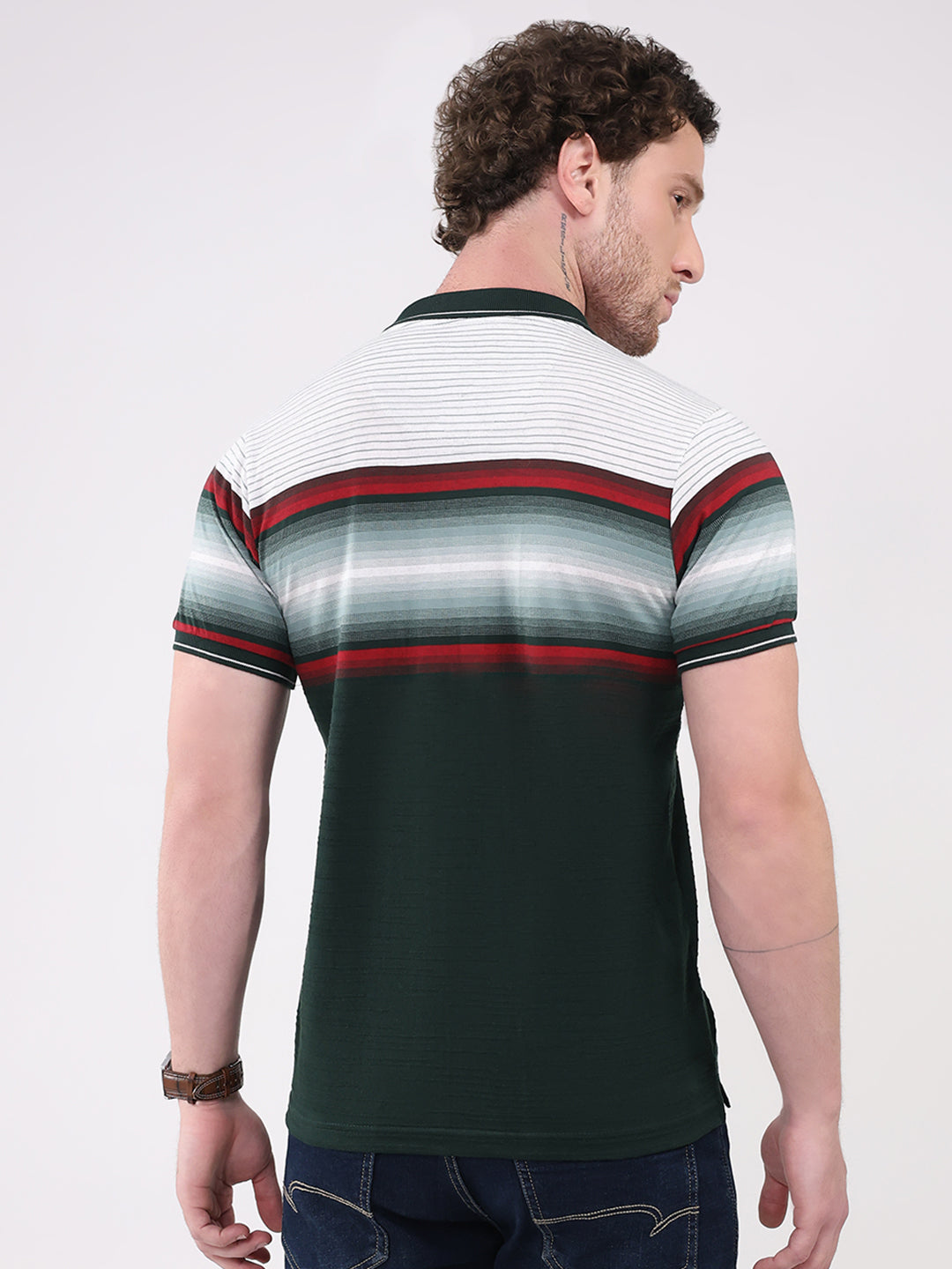 Men Green Stripe Collar Half Sleeve T-Shirt