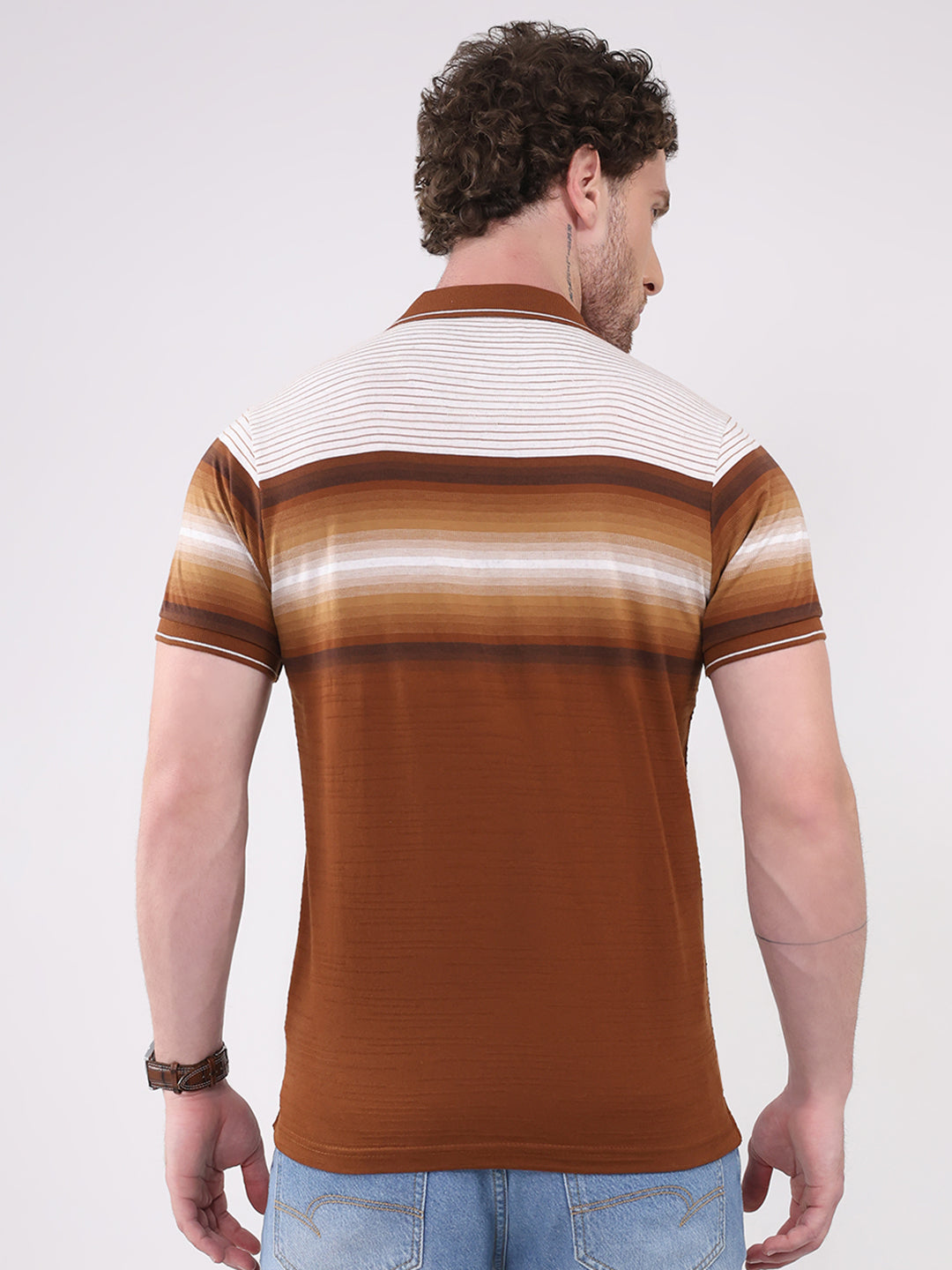 Men Brown Stripe Collar Half Sleeve T-Shirt