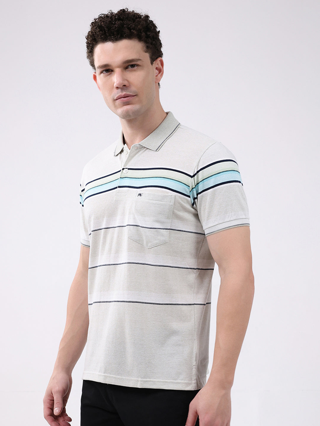 Men Off White Stripe Collar Half Sleeve T-Shirt