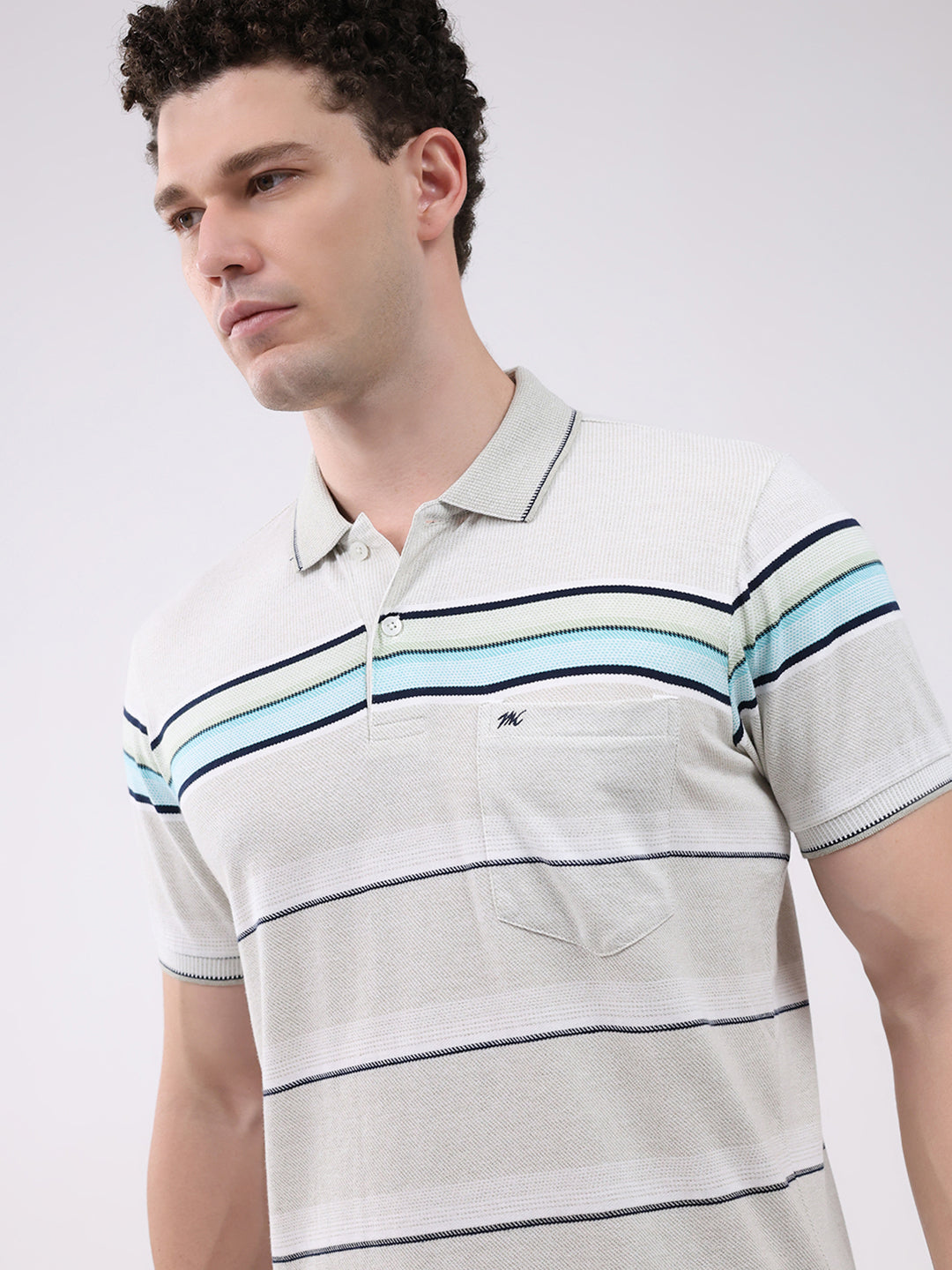 Men Off White Stripe Collar Half Sleeve T-Shirt