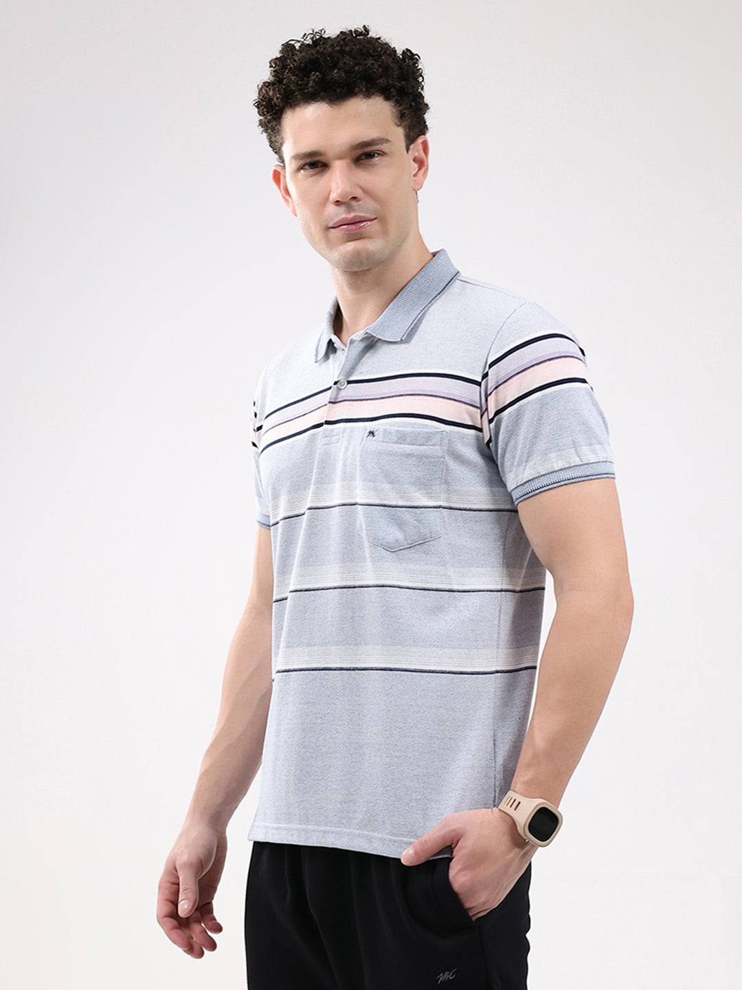 Men Sky Blue Stripe Collar Half Sleeve T-Shirt