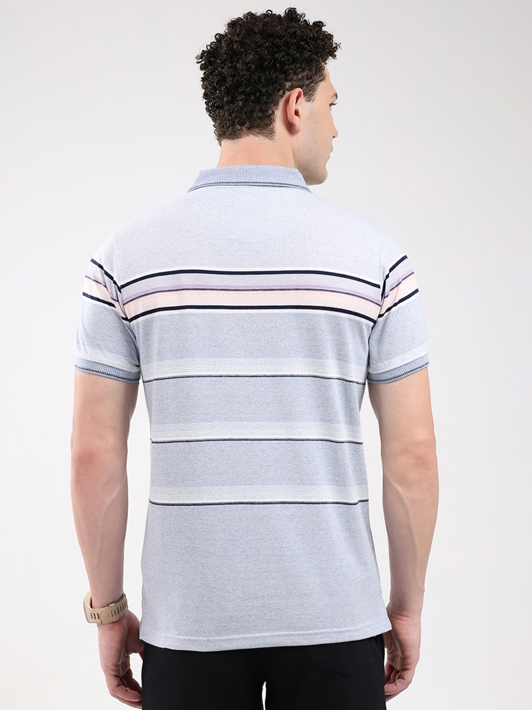 Men Sky Blue Stripe Collar Half Sleeve T-Shirt