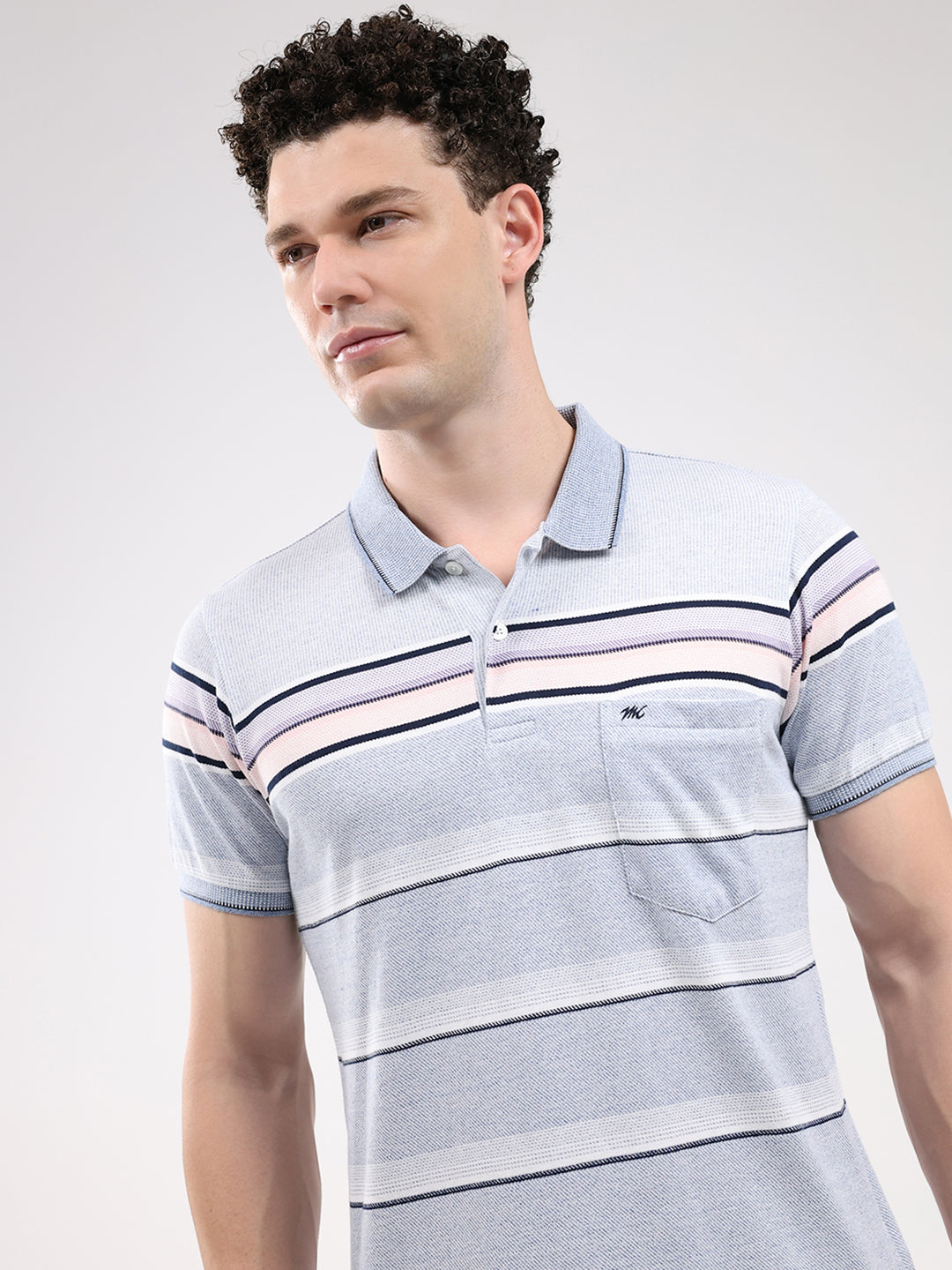 Men Sky Blue Stripe Collar Half Sleeve T-Shirt