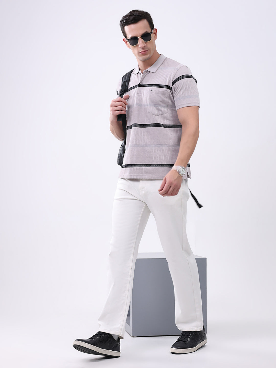 Men Grey Stripe Collar Half Sleeve T-Shirt