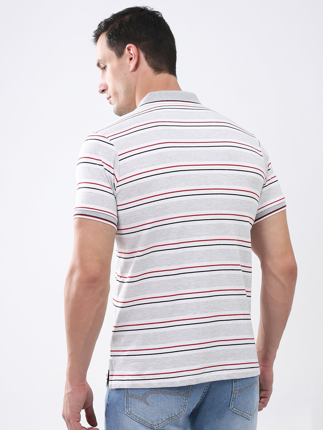 Men Grey Stripe Collar Half Sleeve T-Shirt