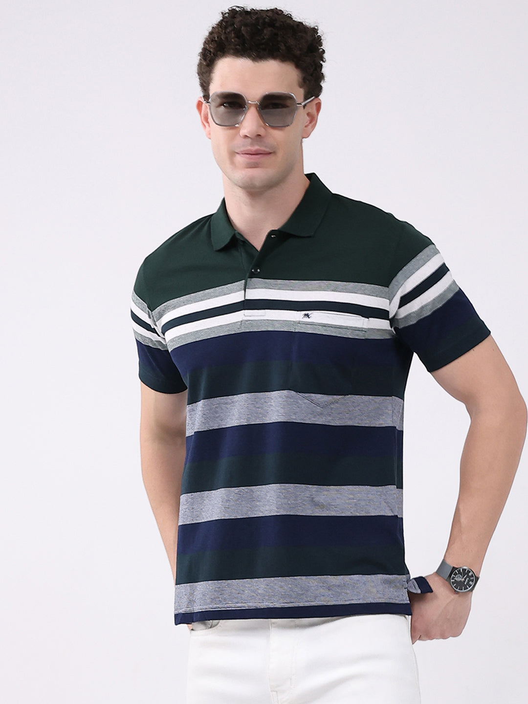 Men Green Stripe Collar Half Sleeve T-Shirt