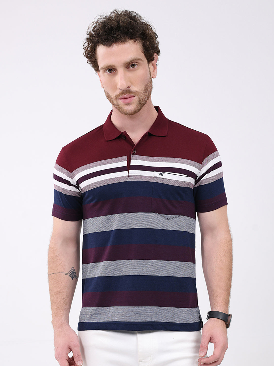 Men Maroon Stripe Collar Half Sleeve T-Shirt