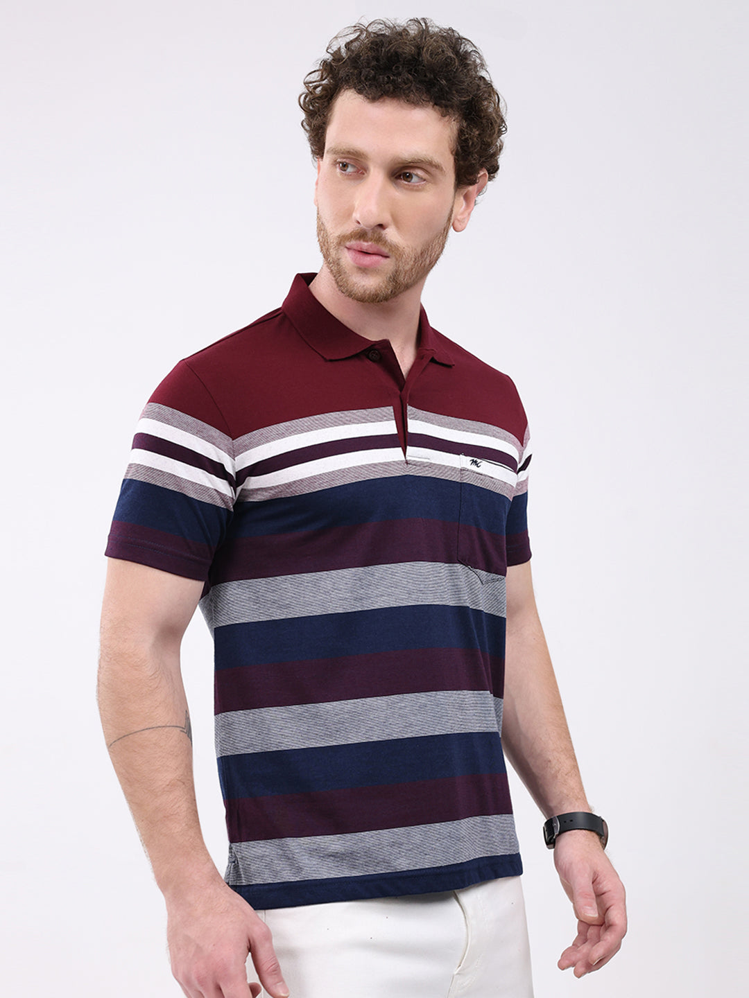 Men Maroon Stripe Collar Half Sleeve T-Shirt