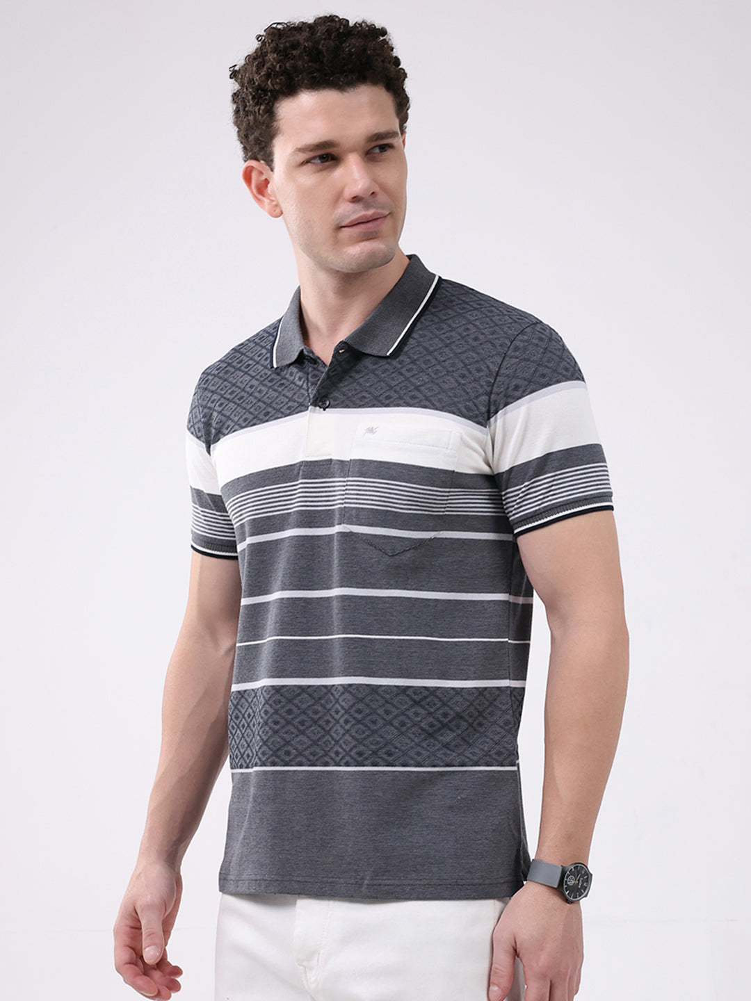 Men Grey Stripe Collar Half Sleeve T-Shirt
