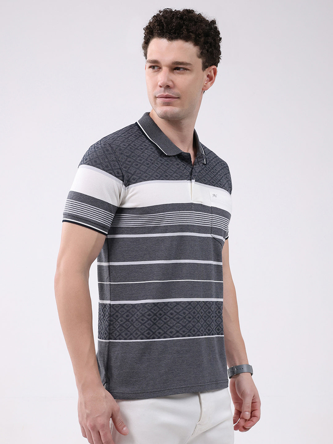 Men Grey Stripe Collar Half Sleeve T-Shirt
