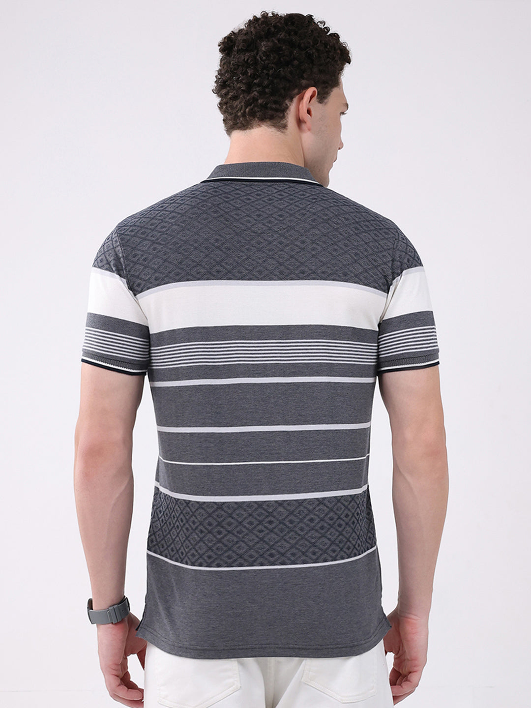 Men Grey Stripe Collar Half Sleeve T-Shirt