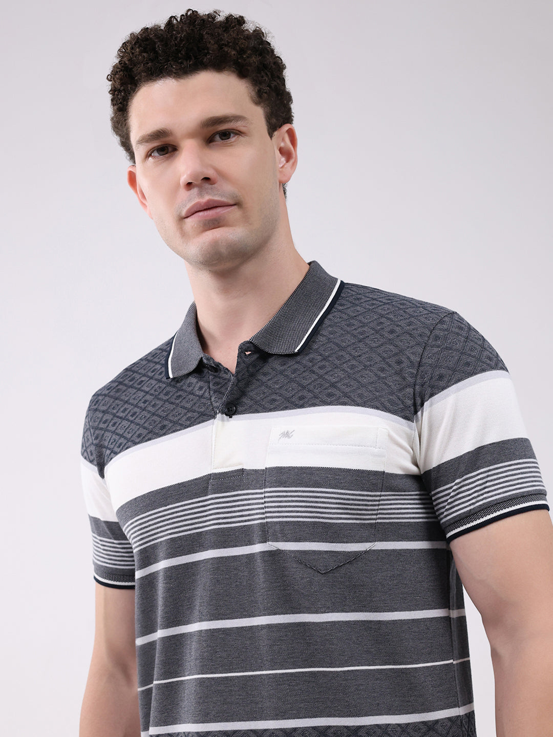 Men Grey Stripe Collar Half Sleeve T-Shirt