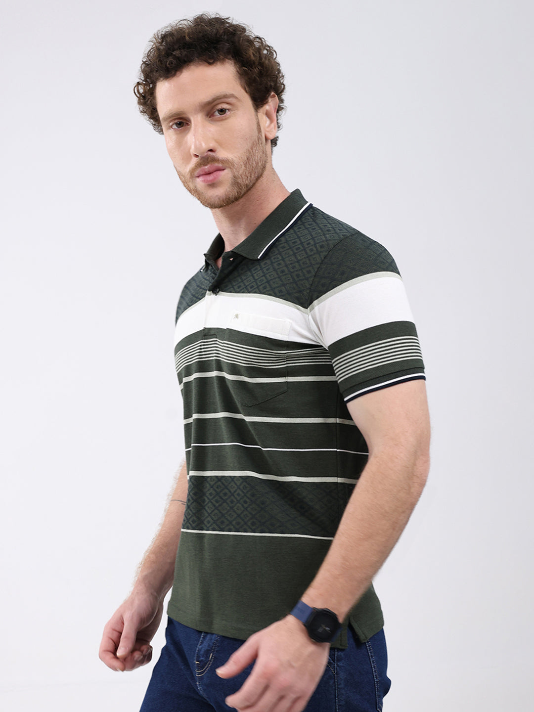Men Olive Stripe Collar Half Sleeve T-Shirt