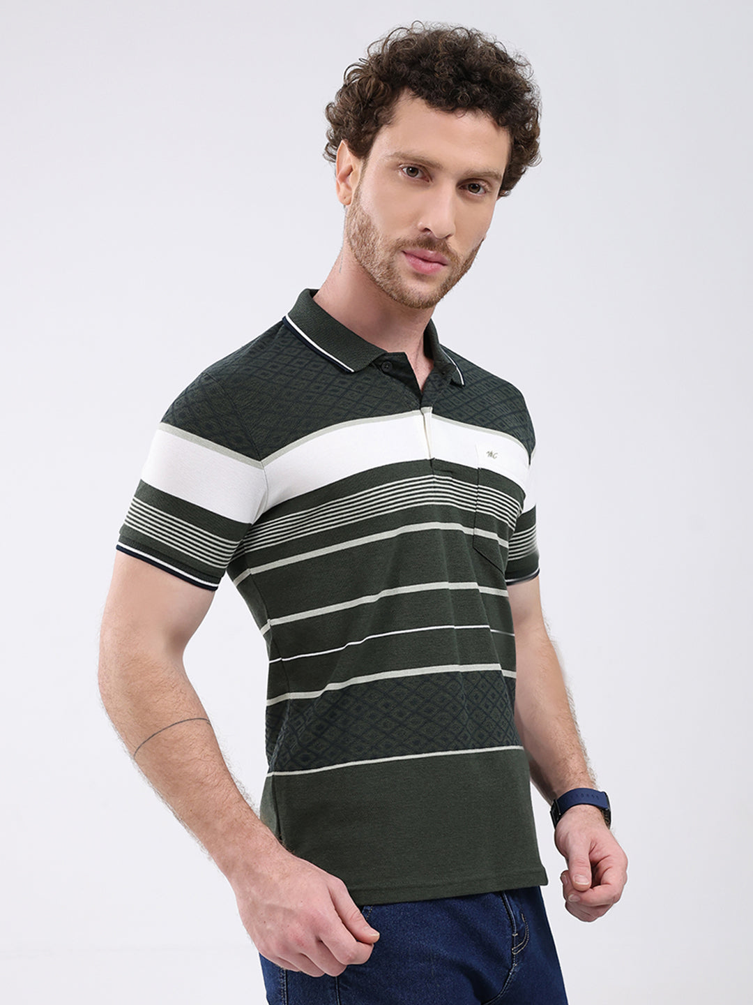 Men Olive Stripe Collar Half Sleeve T-Shirt