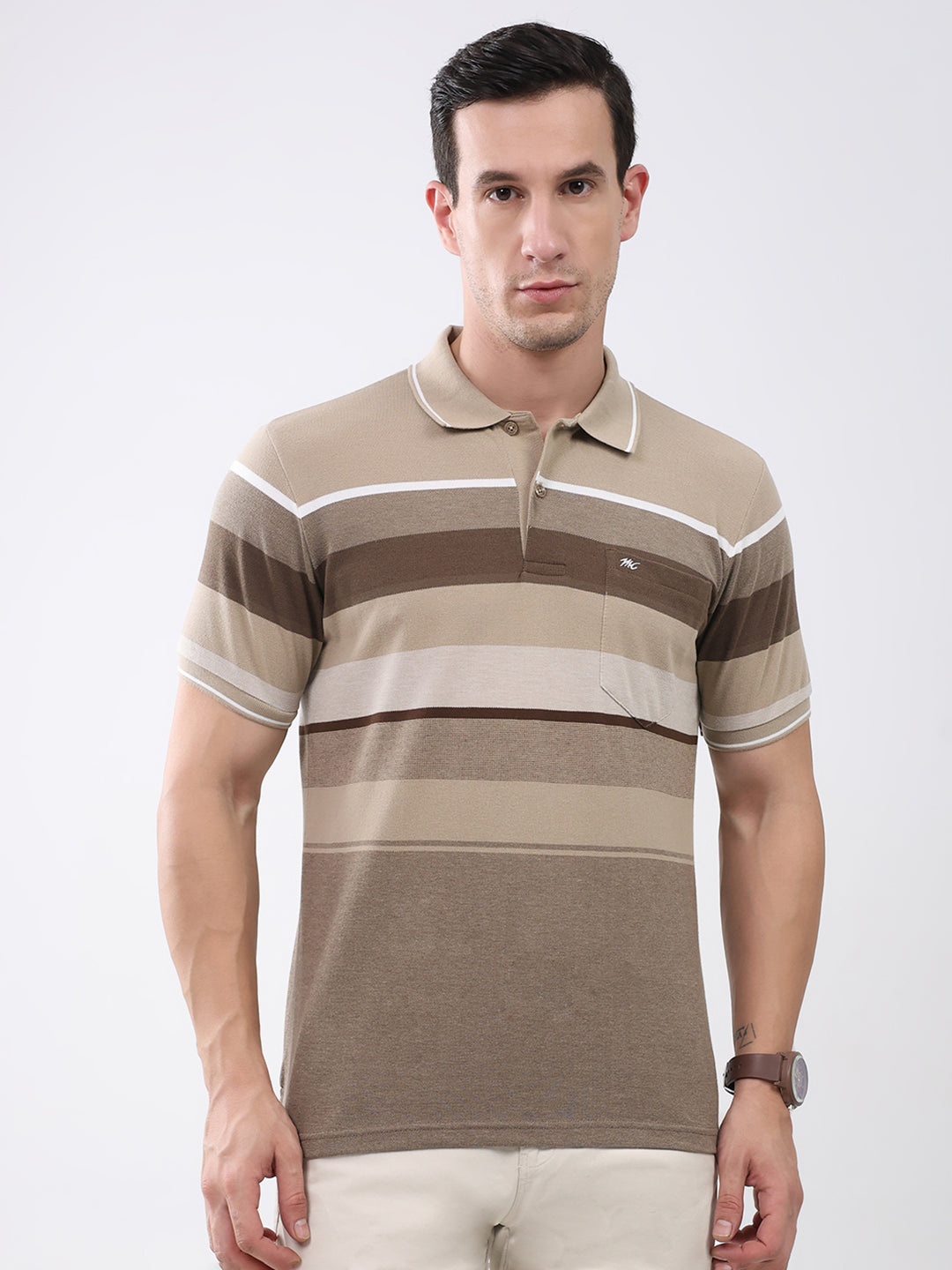 Buy Men Brown Stripe Collar Half Sleeve T-Shirt Online in India