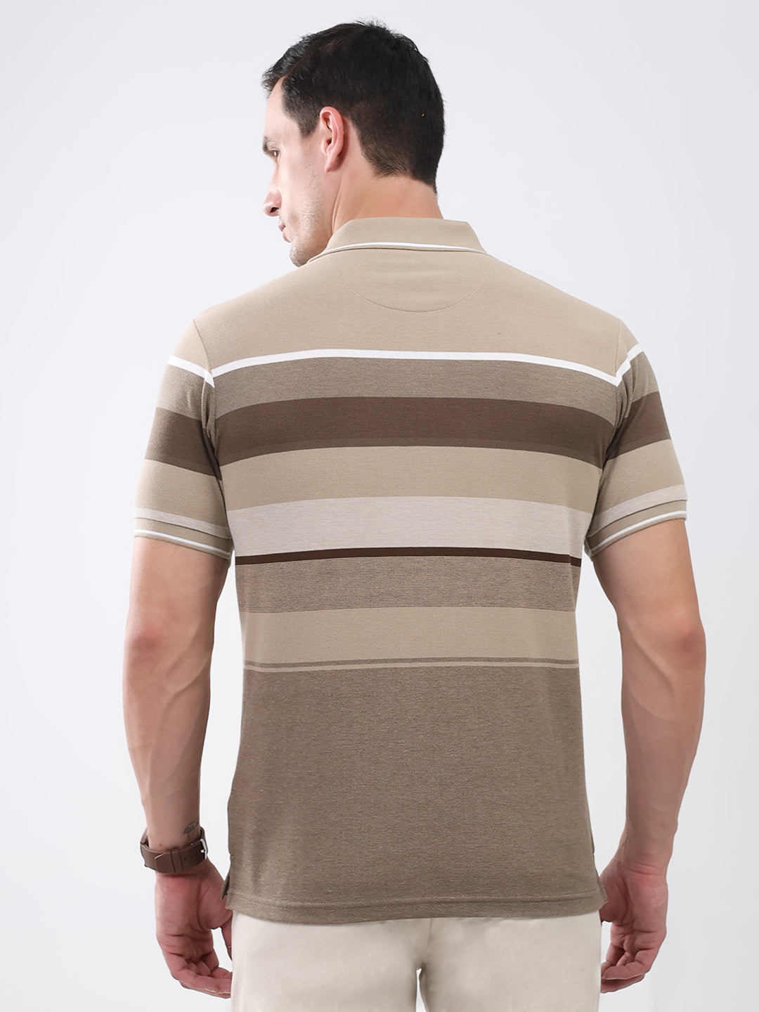Men Brown Stripe Collar Half Sleeve T-Shirt