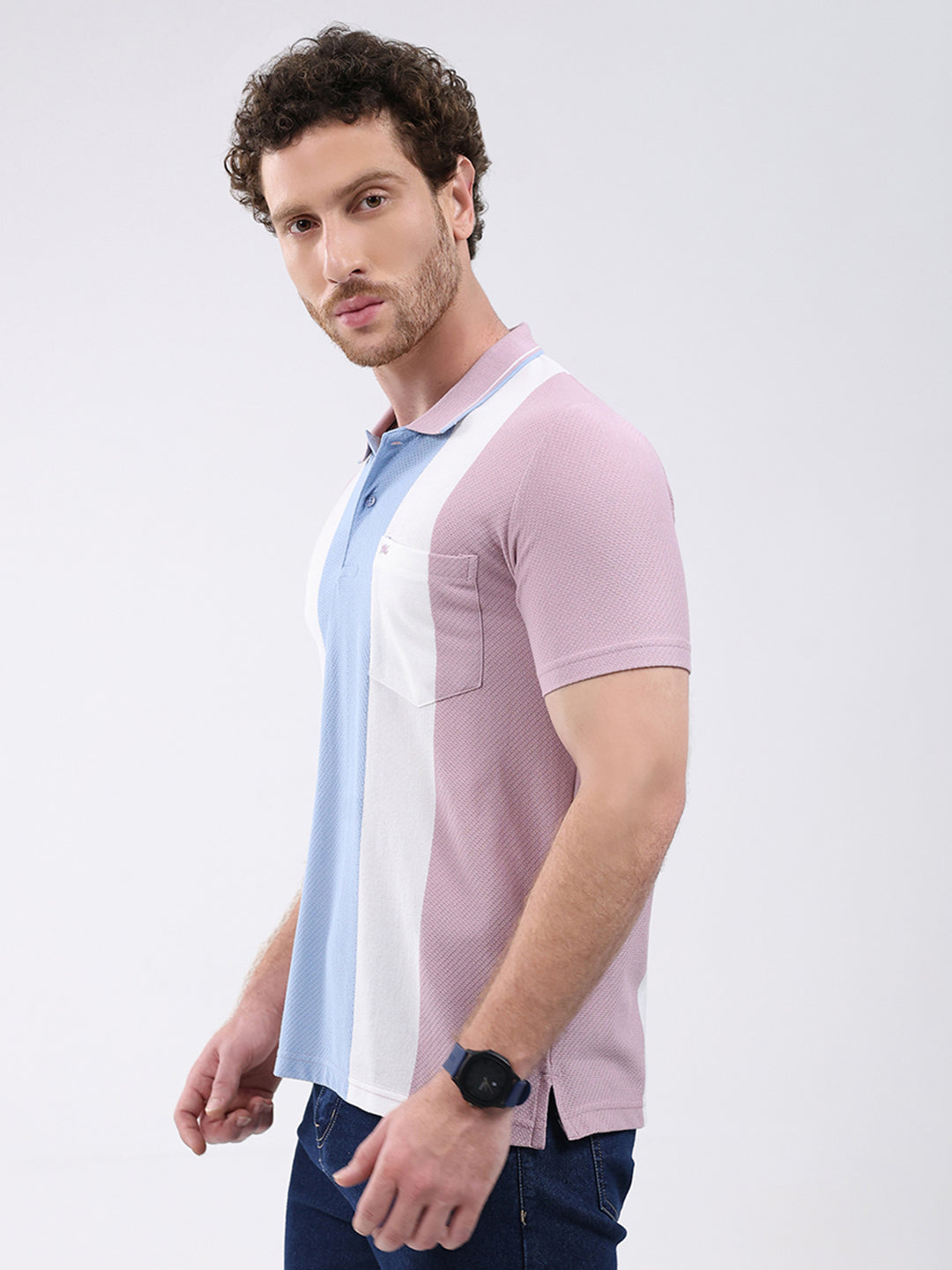 Men Pink Stripe Collar Half Sleeve T-Shirt