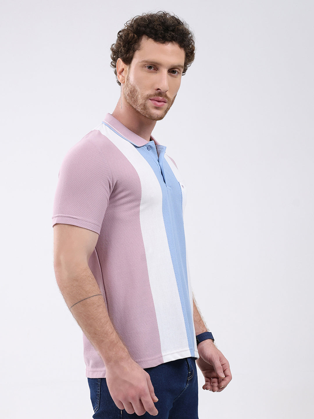 Men Pink Stripe Collar Half Sleeve T-Shirt