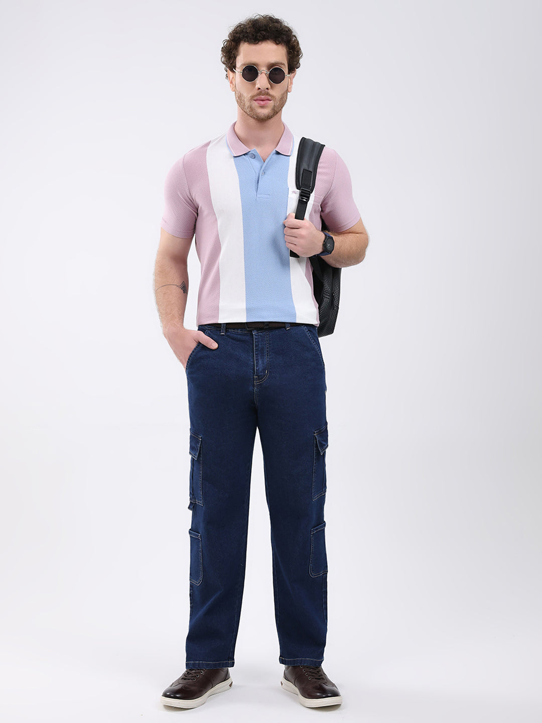 Men Pink Stripe Collar Half Sleeve T-Shirt