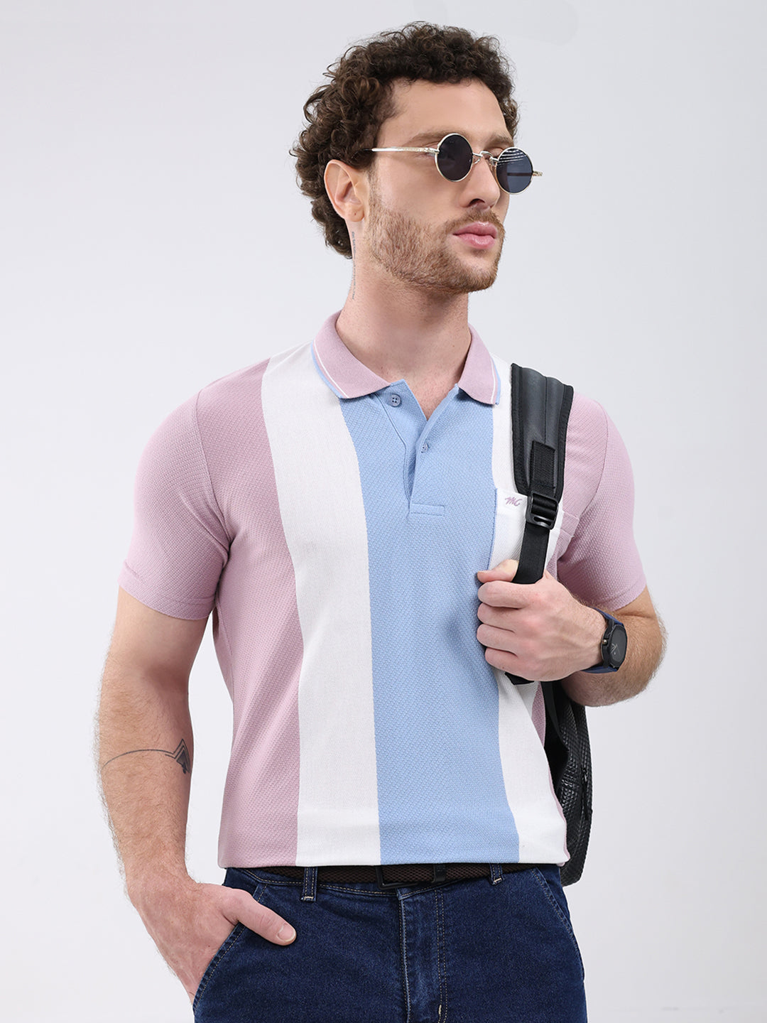 Men Pink Stripe Collar Half Sleeve T-Shirt