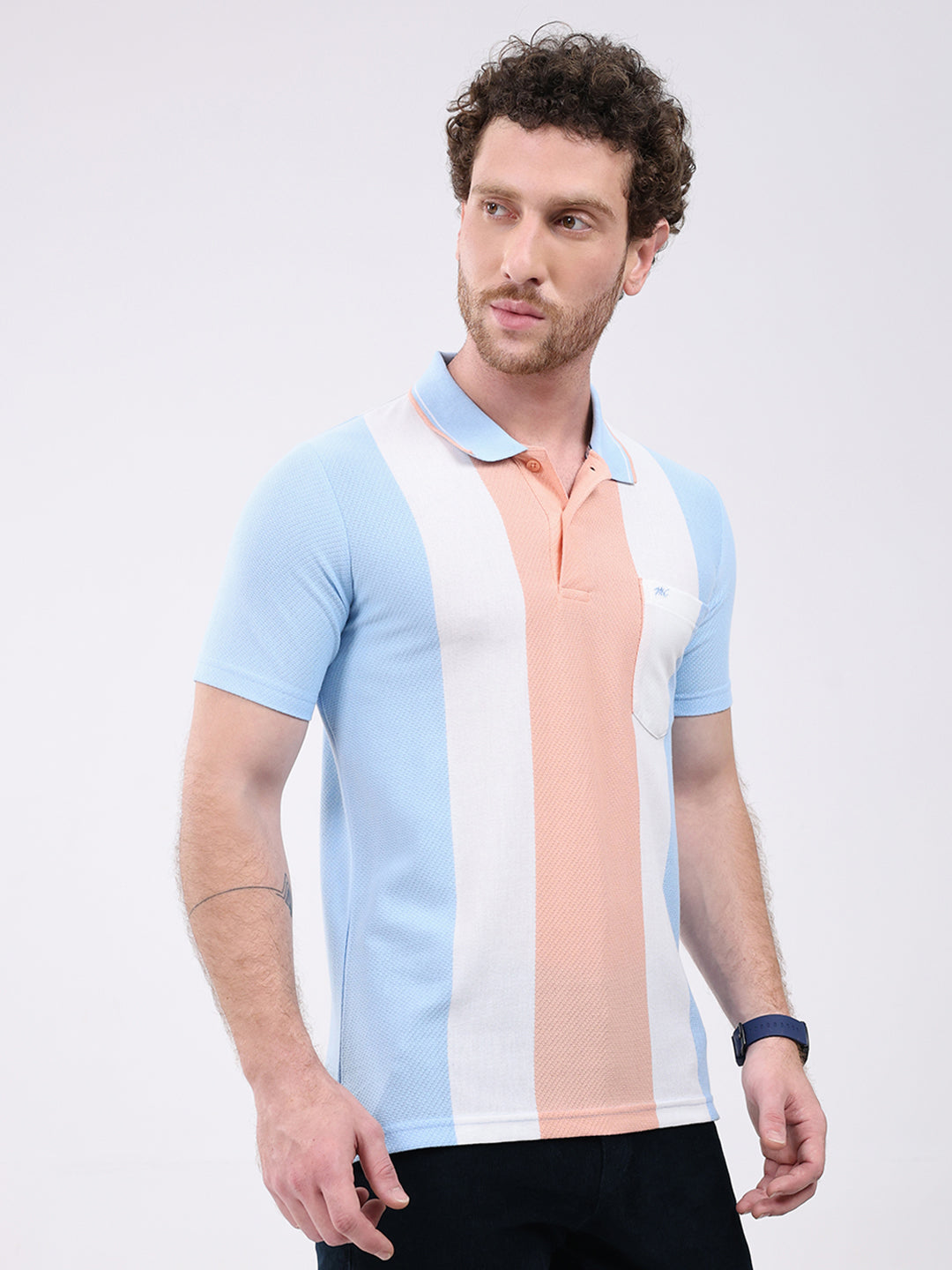 Men Peach Stripe Collar Half Sleeve T-Shirt