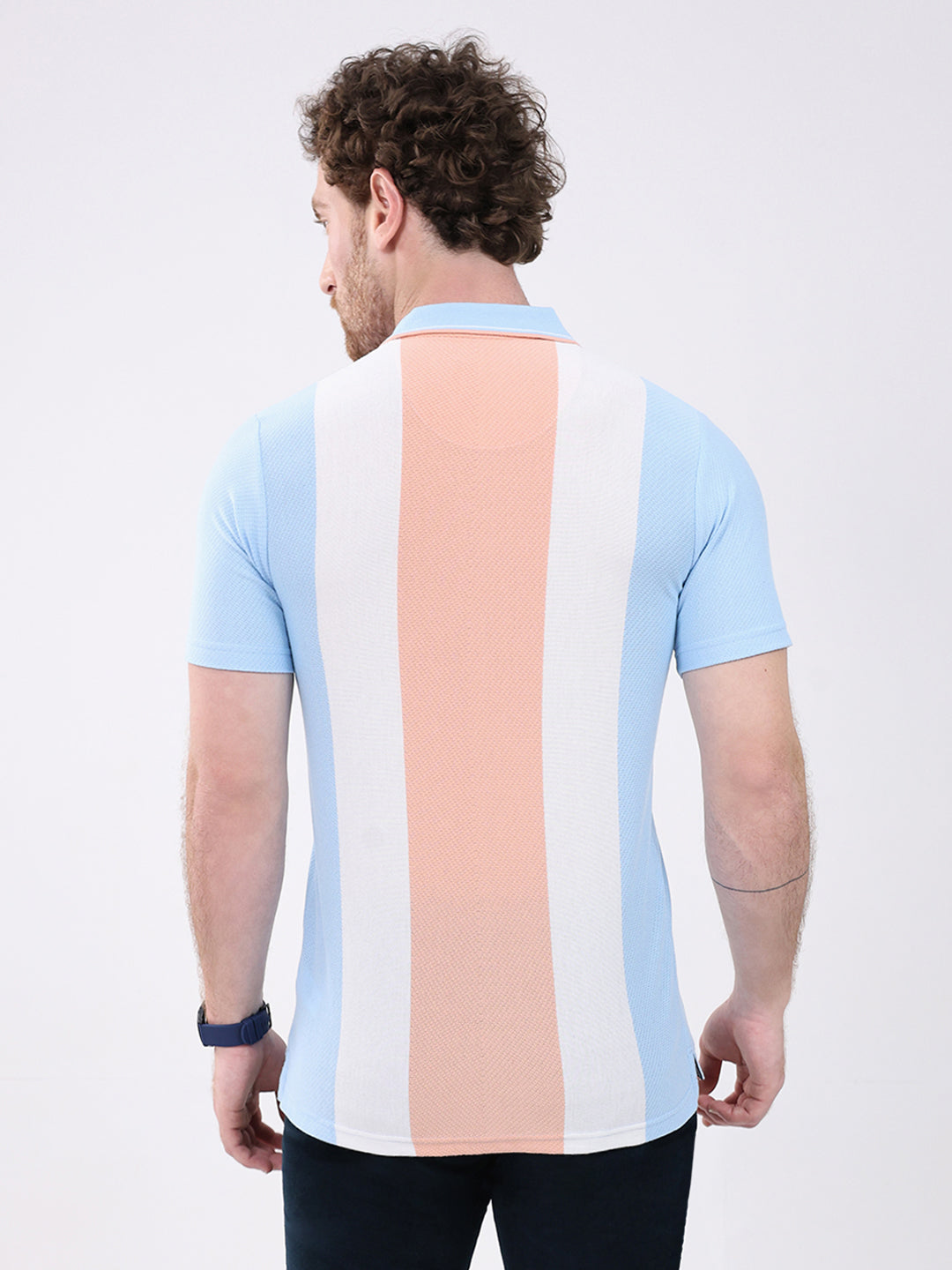 Men Peach Stripe Collar Half Sleeve T-Shirt