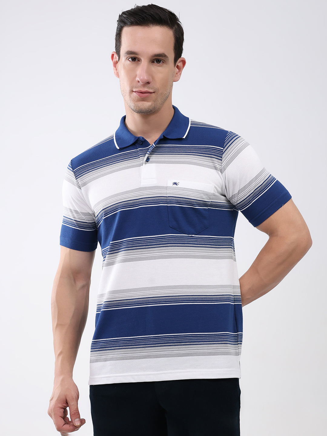 Men Navy Blue Stripe Collar Half Sleeve T-Shirt