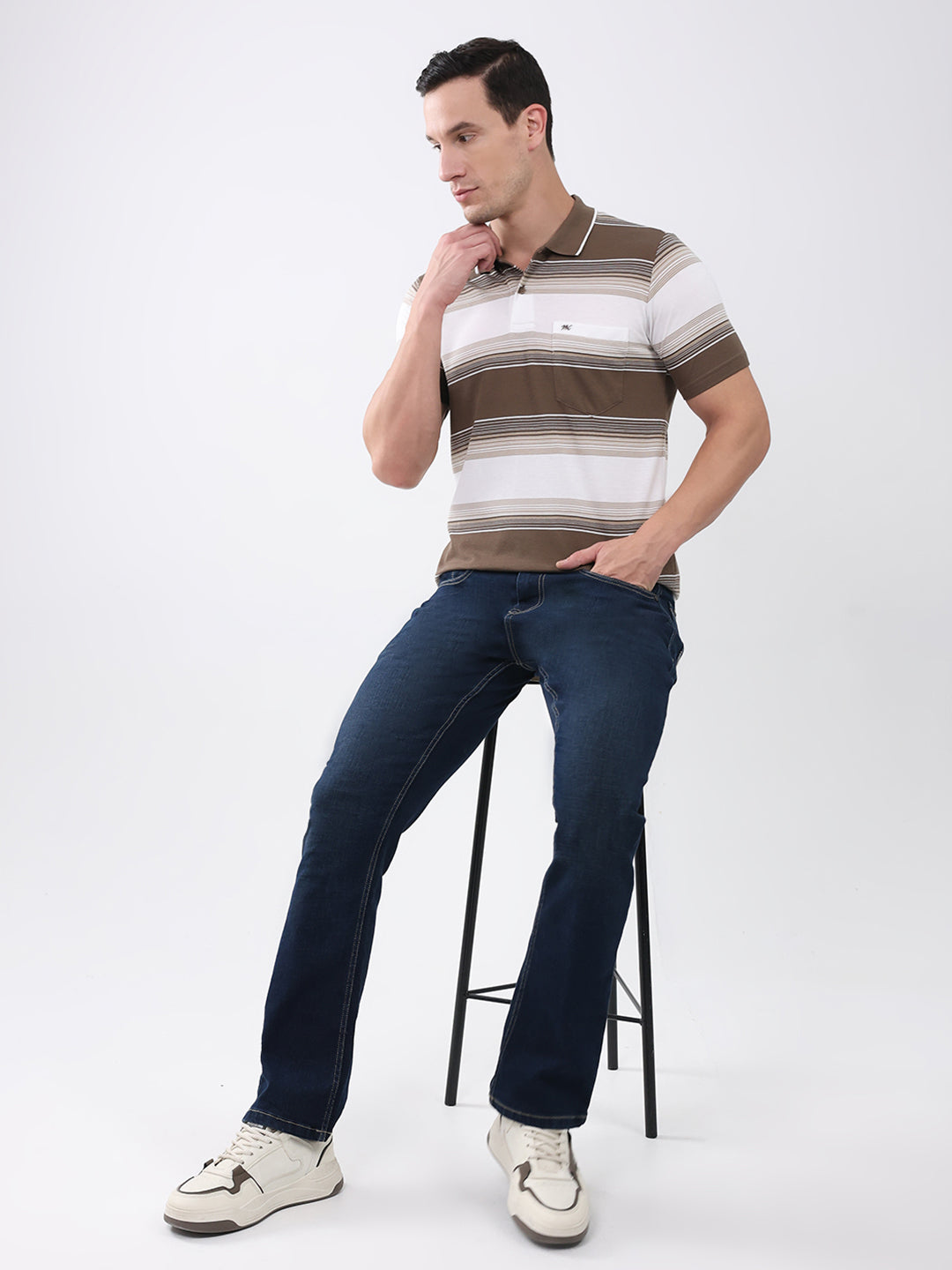 Men Brown Stripe Collar Half Sleeve T-Shirt