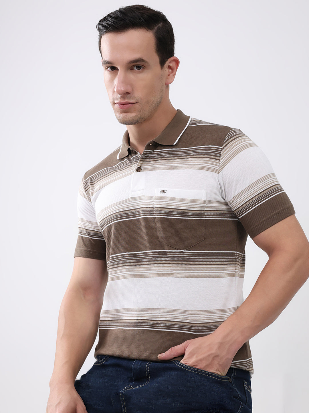 Men Brown Stripe Collar Half Sleeve T-Shirt