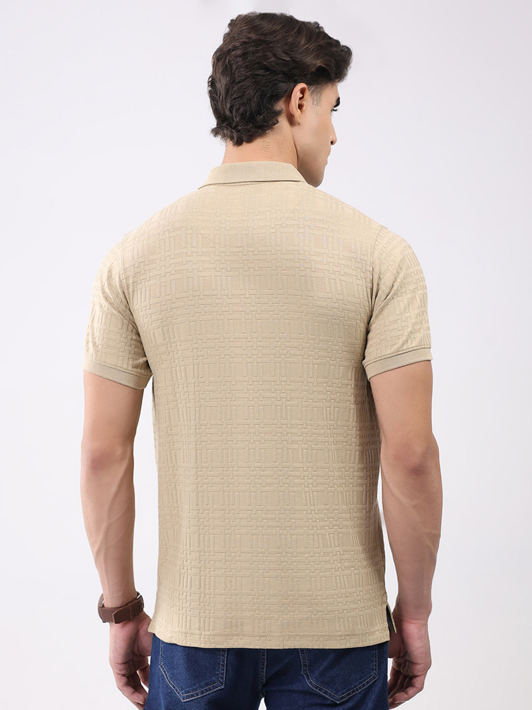 Men Beige Stripe Collar Half Sleeve T-Shirt
