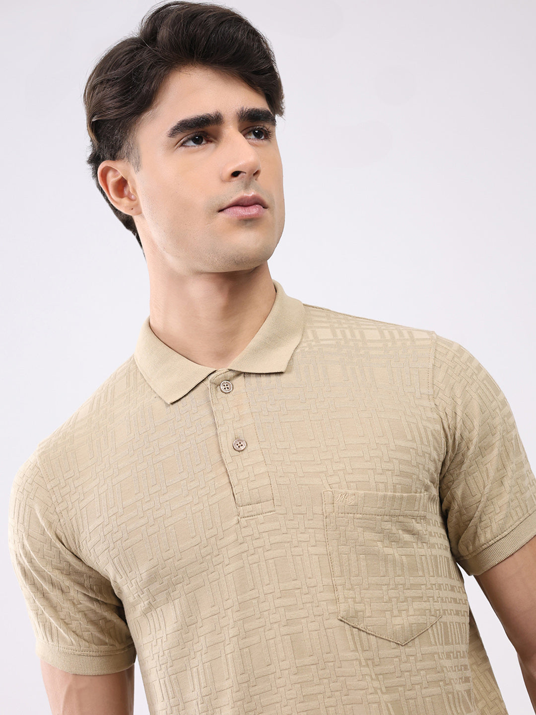 Men Beige Stripe Collar Half Sleeve T-Shirt